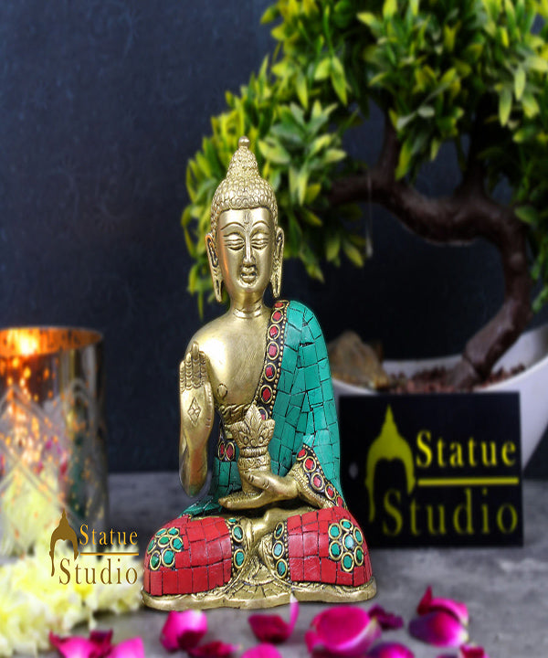 Buddhist Lord Buddha Sitting Turquoise Coral Inlay Décor Gift Statue Idol 6"