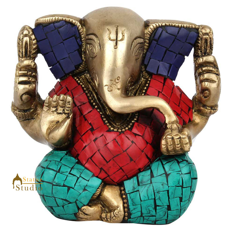 Colorful Diwali Corporate Gift Ganesha Ganpati Inlay Idol Lucky Décor Statue 4"