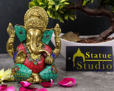 Colorful Diwali Corporate Gift Ganesha Ganpati Inlay Idol Lucky Décor Statue 6"
