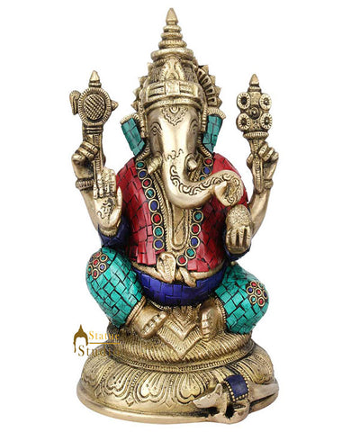 Indian Hinduism Lucky Ganpati Vinayak Lambodar Ganesh Idol Décor Inlay Statue 8"