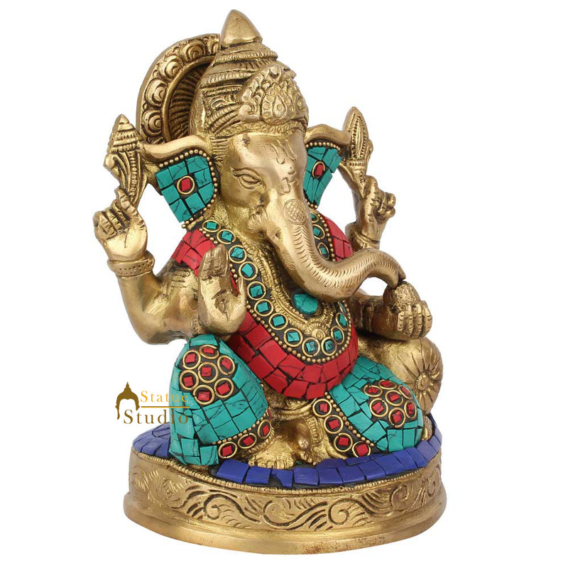 Indian Figurine Lucky Gift Ganpati Vinayak Ganesh Murti Décor Inlay Statue 7"