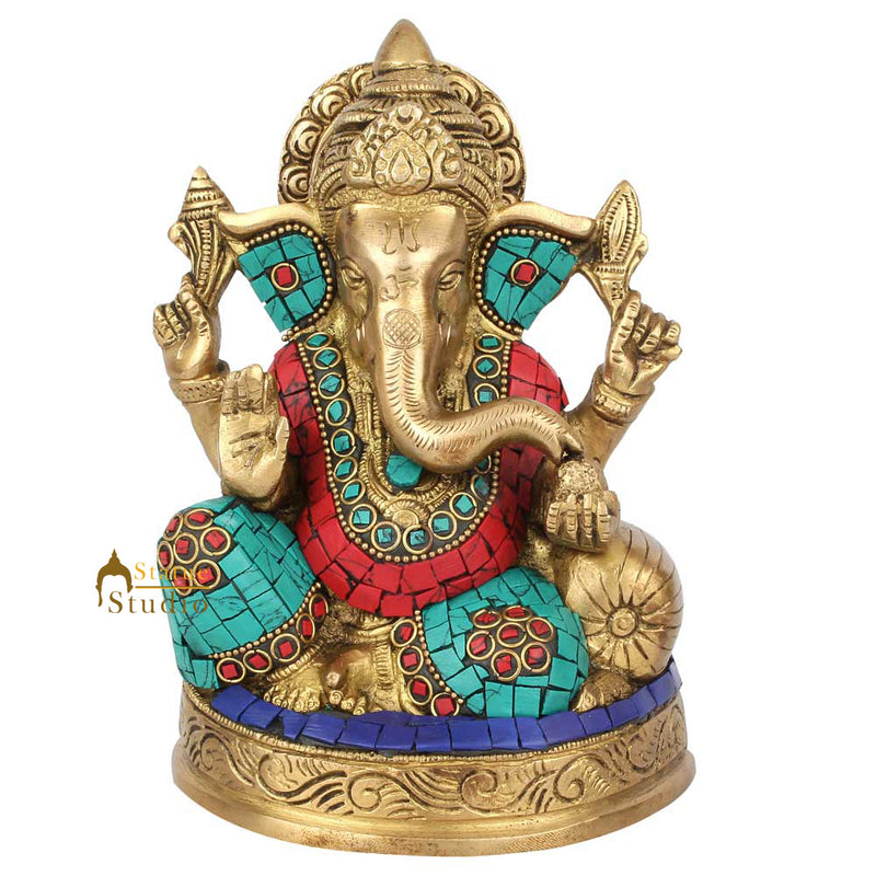 Indian Figurine Lucky Gift Ganpati Vinayak Ganesh Murti Décor Inlay Statue 7"