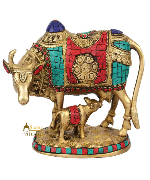 Indian Hindu Sacred Holy Cow And Calf Pair Inlay Idol Religious Décor Statue 7"