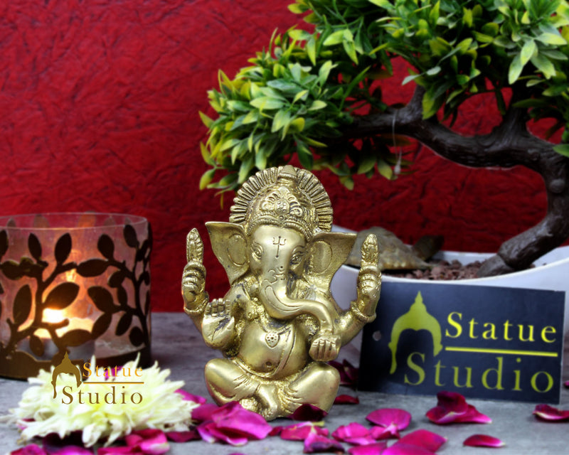 Vintage Brass Diwali Décor Corporate Wedding Gift Ganesha Ganpat Idol Statue 5"