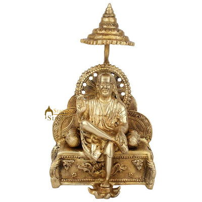 Brass Shirdi Hindu Lord Sai Baba With Chattar Fine Home Temple Décor Statue 12"