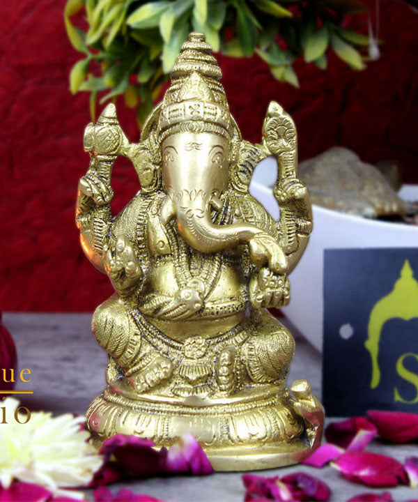 Vintage Brass Diwali Décor Gift Mini Temple Puja Ganesha Ganpat Idol Statue 5"