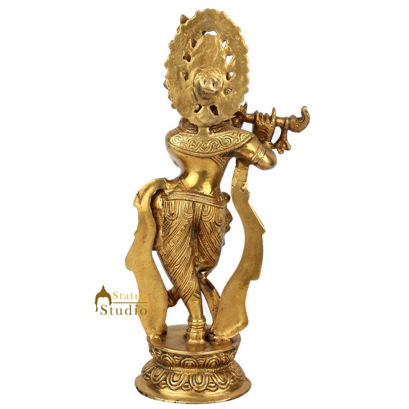 Indian Brass Hindu Lord Krishna Fluting Idol Fine Gift Décor Statue Figurine 13"