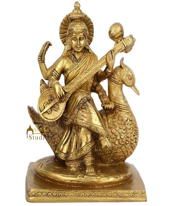 Indian Brass Hindu Wisdom Goddess Saraswati Idol On Swan Lucky Décor Statue 8"