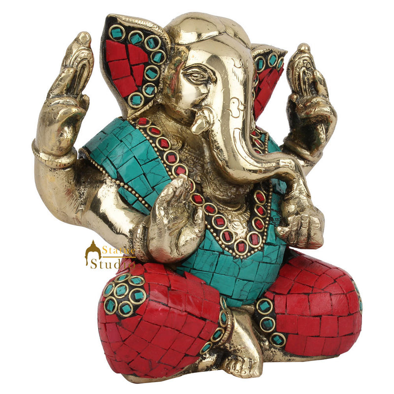 Brass Inlay Fine Ganpati Murti Lucky Wedding Décor Gift Ganesha Idol Statue 5"