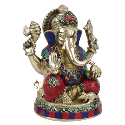Brass Inlay Fine Ganpati Murti Lucky Corporate Décor Gift Ganesha Idol Statue 8"