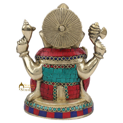Brass Inlay Fine Ganpati Murti Lucky Corporate Décor Gift Ganesha Idol Statue 8"