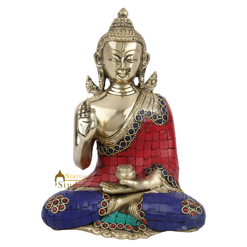 Brass Inlay Fine Tibetan Murti Lucky Corporate Décor Gift Buddha Idol Statue 7"