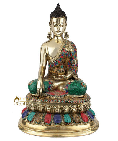 Fine Nepal Inlay Indian Brass Sakyamuni Kundal Buddha Décor Gift Statue Idol 20"