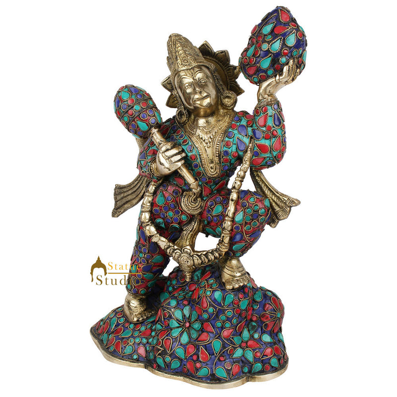 Indian Lord Hanuman Idol Carrying Mountain Exclusive Inlay Work Murti Statue 12"