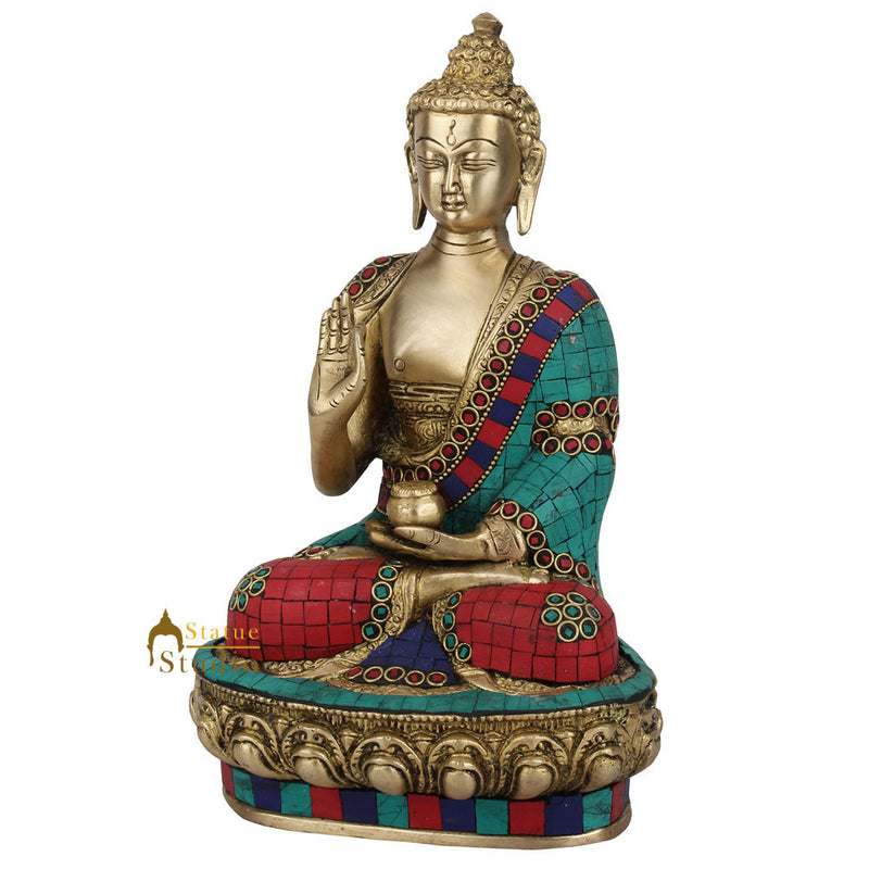 Indian Brass Handicraft Lord Buddha Blessing On Base Décor Gift Idol Statue 10"