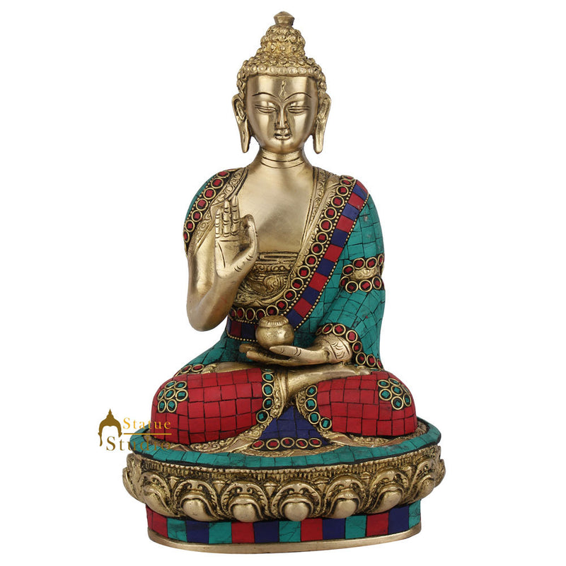 Indian Brass Handicraft Lord Buddha Blessing On Base Décor Gift Idol Statue 10"