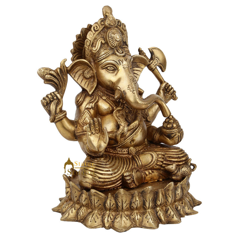 Indian Handmade Lord Ganpati Murit On Lotus Base Ganesha Décor Gift Statue 9"