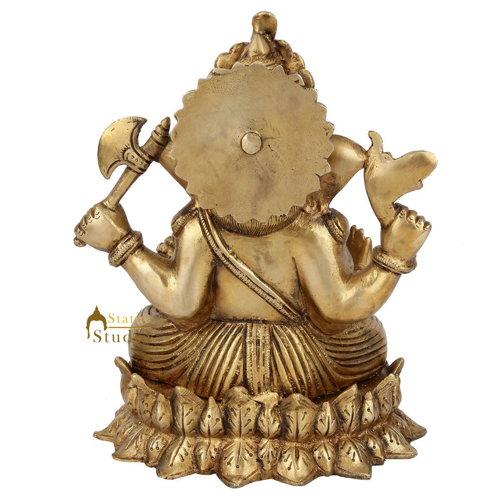 Indian Handmade Lord Ganpati Murit On Lotus Base Ganesha Décor Gift Statue 9"