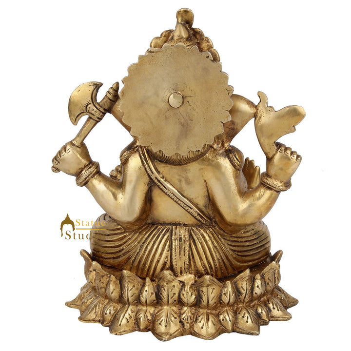 Indian Handmade Lord Ganpati Murit On Lotus Base Ganesha Décor Gift Statue 9"