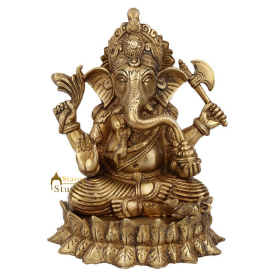 Indian Handmade Lord Ganpati Murit On Lotus Base Ganesha Décor Gift Statue 9"