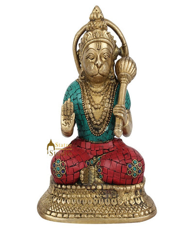 Indian Powerful God Sitting Hanuman Sankat Mochak Murti Idol Inlay Statue 7"