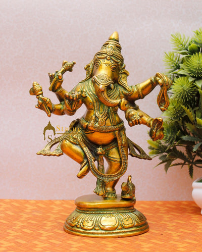 Exclusive Antique Green Finish Dancing Ganpati Idol Ganesh Murti Décor Statue 9"