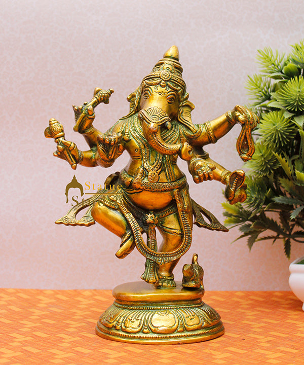 Exclusive Antique Green Finish Dancing Ganpati Idol Ganesh Murti Décor Statue 9"