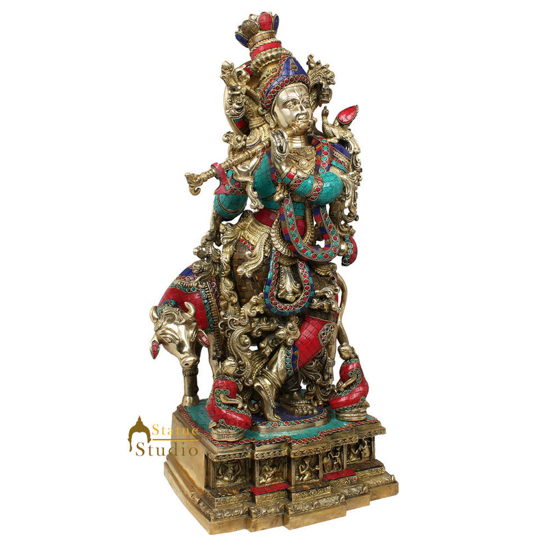 Large Indian God Krishna Murli Manohar With Cow Inlay Idol Statue Figure 28"