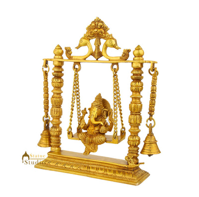 Brass Handicraft Lord Ganesha Idol Murti On Swing Statue Décor Gift Item 10"
