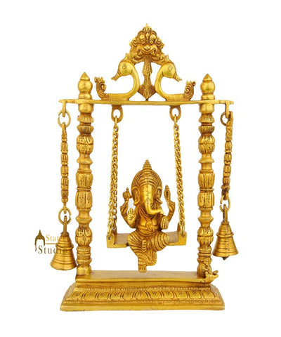 Brass Handicraft Lord Ganesha Idol Murti On Swing Statue Décor Gift Item 10"