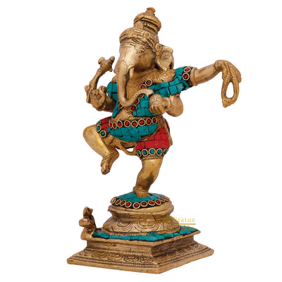 Indian Hand Crafted Dancing Ganesh Idol Ganpat Statue Fine Inlay Décor Murti 8"