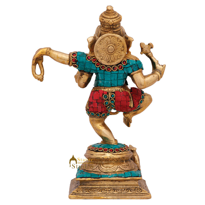 Indian Hand Crafted Dancing Ganesh Idol Ganpat Statue Fine Inlay Décor Murti 8"