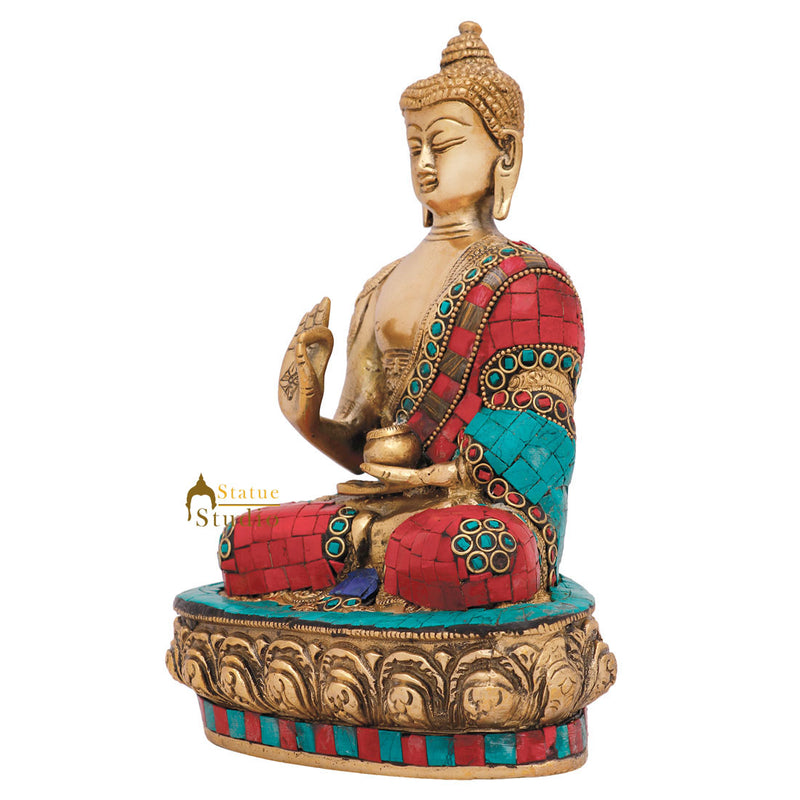 Indian Inlay Fine Tibet Buddhist Deity Lord Buddha Statue Décor Gift Idol 9"