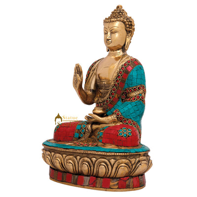 Indian Brass Chinese Buddhism Sakyamuni Buddha Statue Inlay Idol Décor Item 12"
