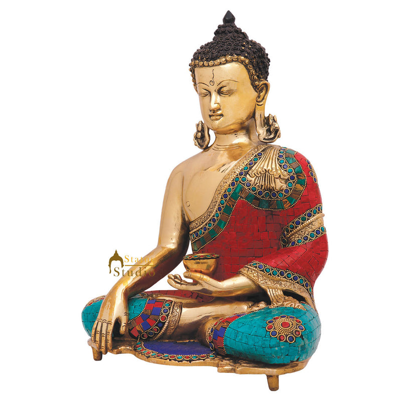 Turquoise Coral Inlay Large Buddha Sitting Décor Gift Idol Statue Murti 16"