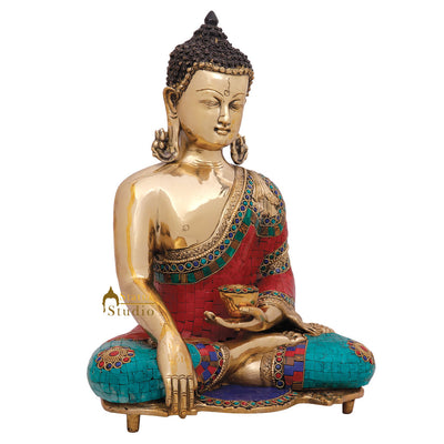 Turquoise Coral Inlay Large Buddha Sitting Décor Gift Idol Statue Murti 16"
