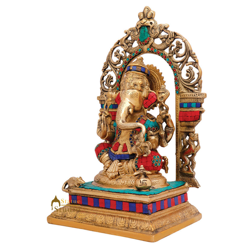 Indian Brass Inlay Hindu God Ganpati Idol Large Ganesha Home Décor Statue 16"