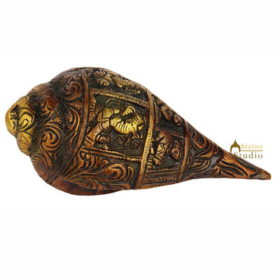 Brass handicraft sculpture fine shankh cooch ganesha engraved small showpiece 5"