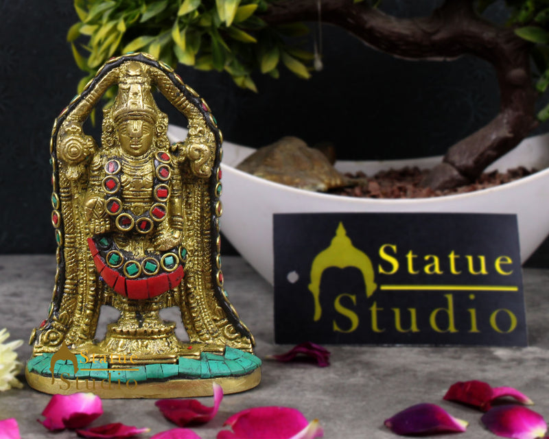 Indian Brass Tirupathi Balaji Small Inlay Idol Temple Puja Décor Murti Statue 4"