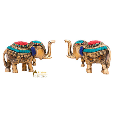 Indian Brass Small Mini Feng Shui Vastu Home Décor Elephant Pair Inlay Statue 3"