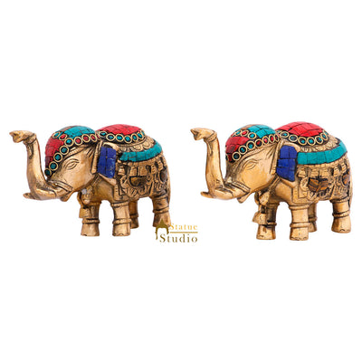 Indian Brass Small Mini Feng Shui Vastu Home Décor Elephant Pair Inlay Statue 3"