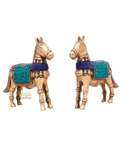Indian Brass Small Mini Feng Shui Vastu Home Décor Horse Pair Inlay Statue 3"