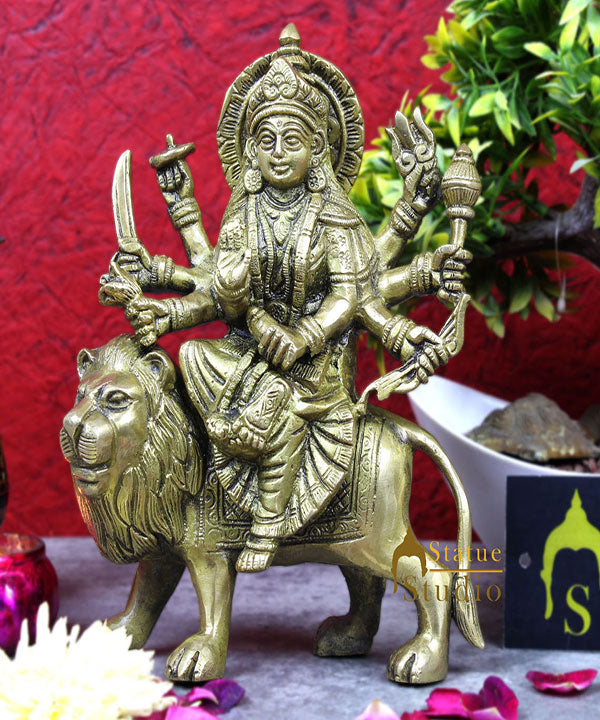 Brass hindu goddess handicraft maa durga murti statue idol religious décor 9"