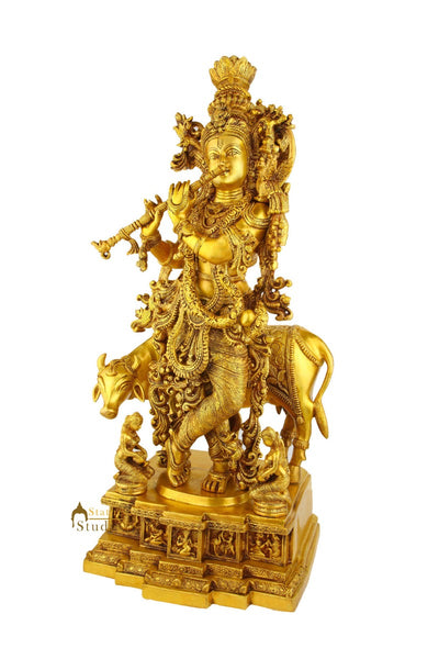 Large Size Indian God Shri Krishna With Cow Religious Décor Statue Idol 28"