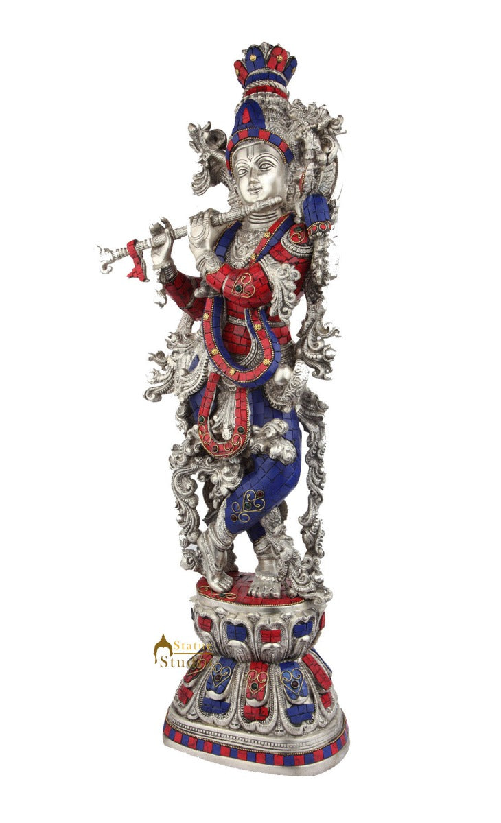 Brass Handicraft Standing Lord Krishna Statue Décor Inlay Showpiece Idol 29"
