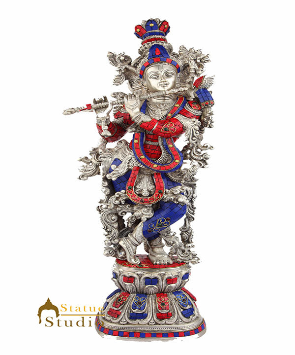 Brass Handicraft Standing Lord Krishna Statue Décor Inlay Showpiece Idol 29"
