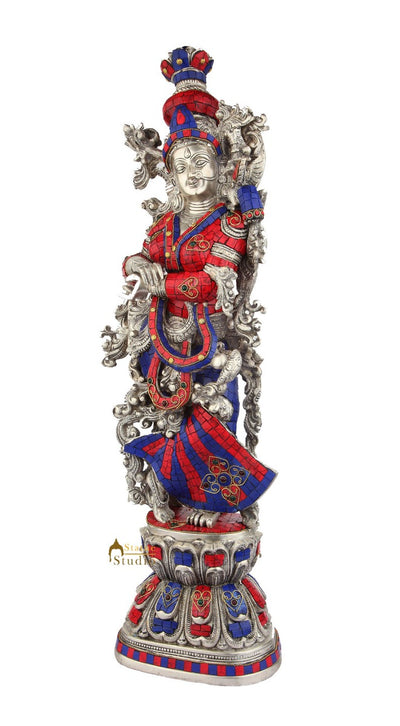 Brass Handicraft Standing Goddess Radha Statue Décor Inlay Showpiece Idol 29"