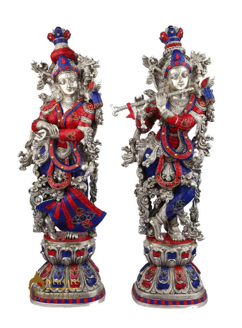 Brass Handicraft Standing Radha Krishna Statue Décor Inlay Showpiece Idol 29"