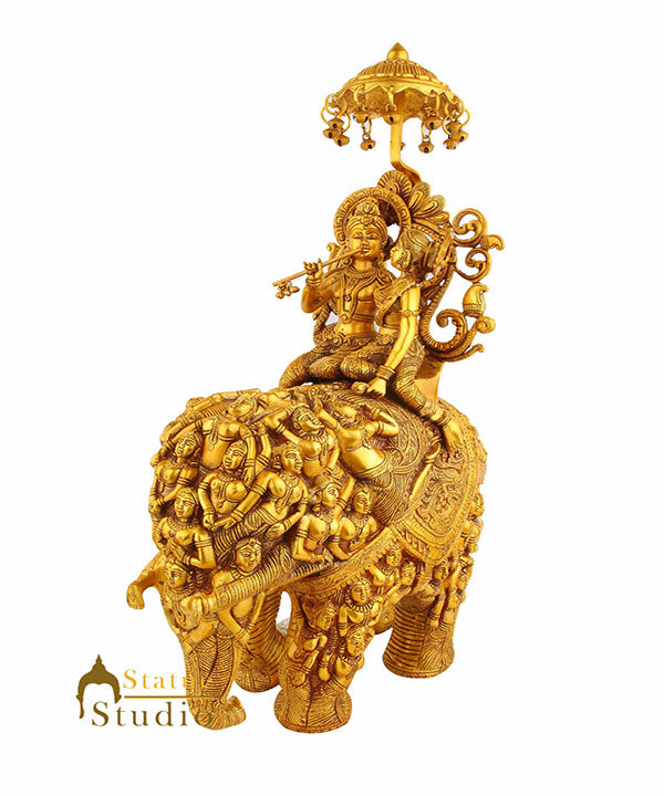 Vintage Brass Radha Krishna Masterpiece Home Décor Idol Statue On Elephant 20"