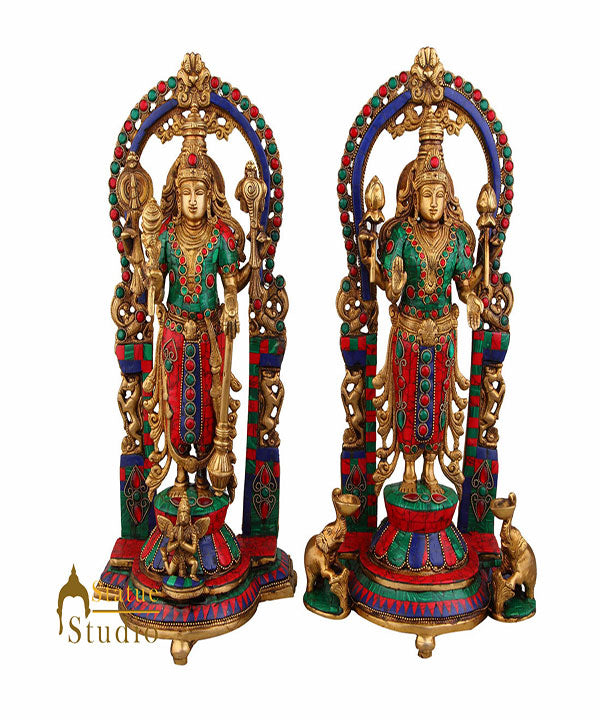 Hindu God Goddess Vishnu Lakshmi Laxmi Standing Inlay Décor Statue Idol 14"